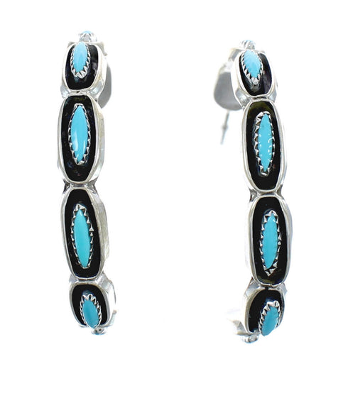Native American Turquoise Genuine Sterling Silver Post Hoop Earrings JX124326